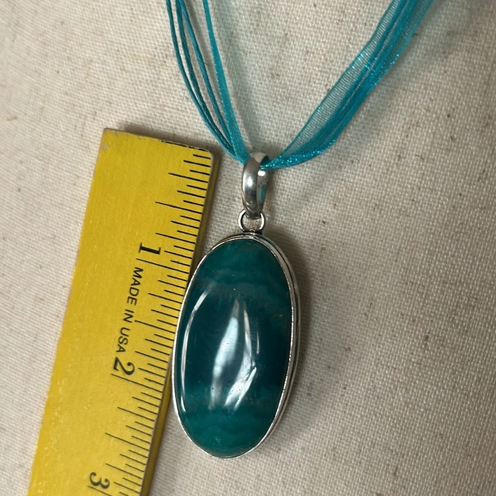 Artisan-made 925 Sterling Silver Blue Banded Agate Stone Pendant Necklace